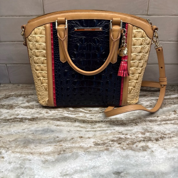Brahmin Croc-Embossed Dome Satchel - Navy, Beige, Tan & Red Matching Wallet - Picture 2 of 16